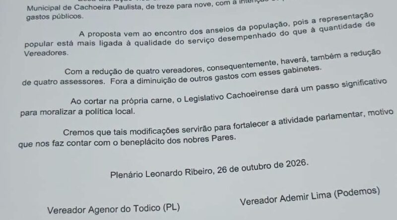 Vereador propõe reduzir número de cadeiras na Câmara de Cachoeira Paulista
